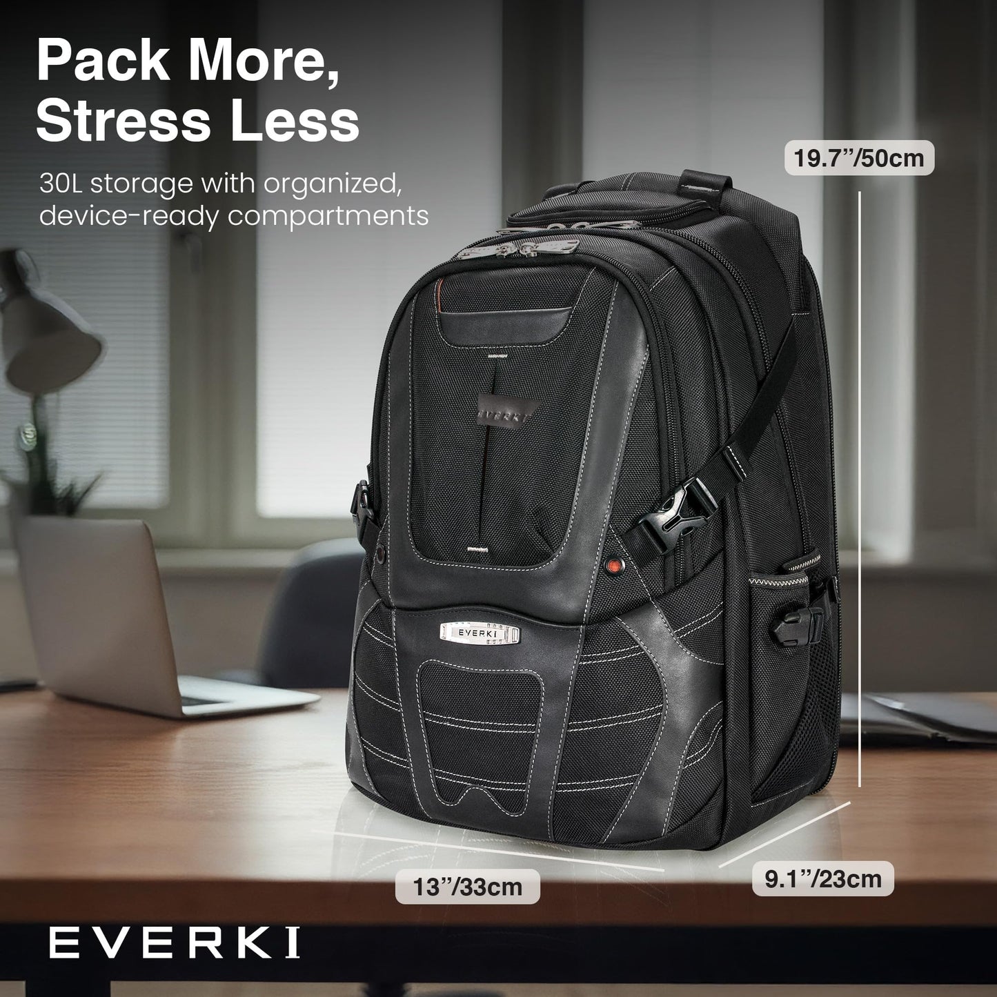 EVERKI Concept 2 Professional Laptop Backpack - Travel Backpack for Men, Laptop Bag Fits 17.3-Inch - 30L Durable Business Back Pack with Ballistic Nylon & Leather - Black (EKP133B)