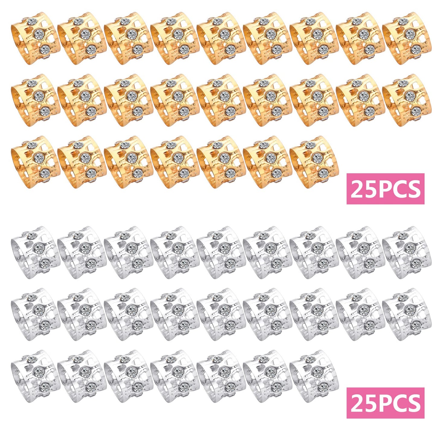 50pcs Rhinestone Dreadlocks Beads Alloy Hair Ring Decoration Braiding Hair Braid Cuff Clip Beard Hollow Heart Tube Beads Accessories for Women Men