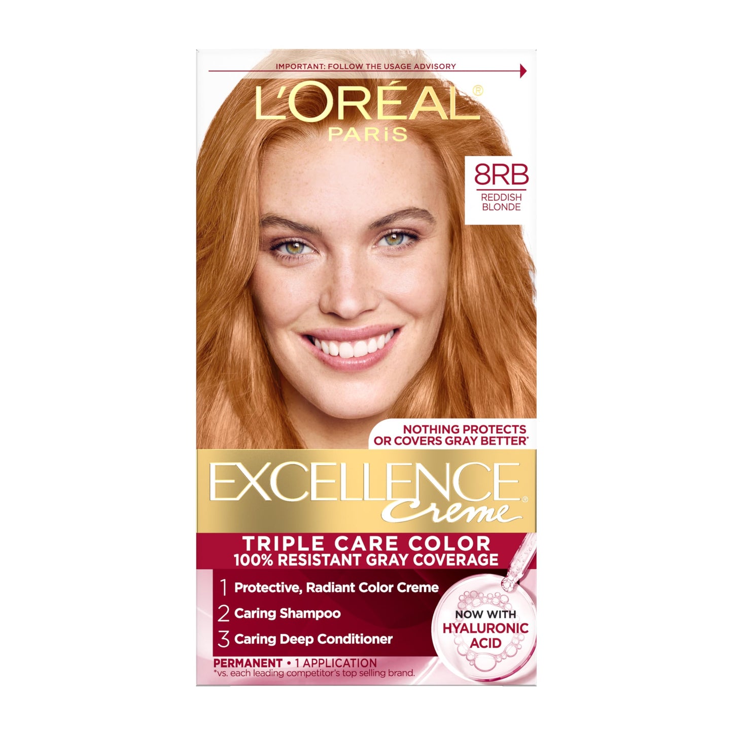 L'Oreal Paris Excellence Crème Permanent Hair Dye, Triple Care Hair Color with Pro-Keratine Complex for 100% Gray Hair Coverage, 8RB Reddish Blonde, 1