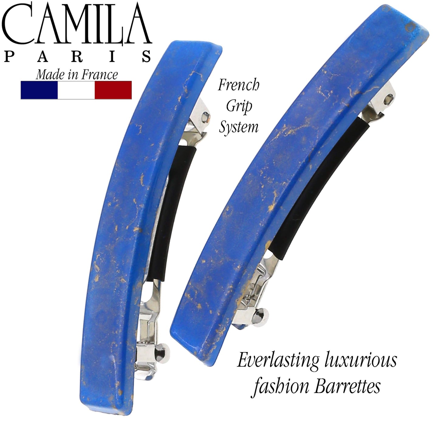 Camila Paris CP3042 French Hair Barrette Clip for Girls, Set of 2 Blue Rubberized Metal Clasp Strong Hold Grip Hair Clips for Women, No Slip Durable