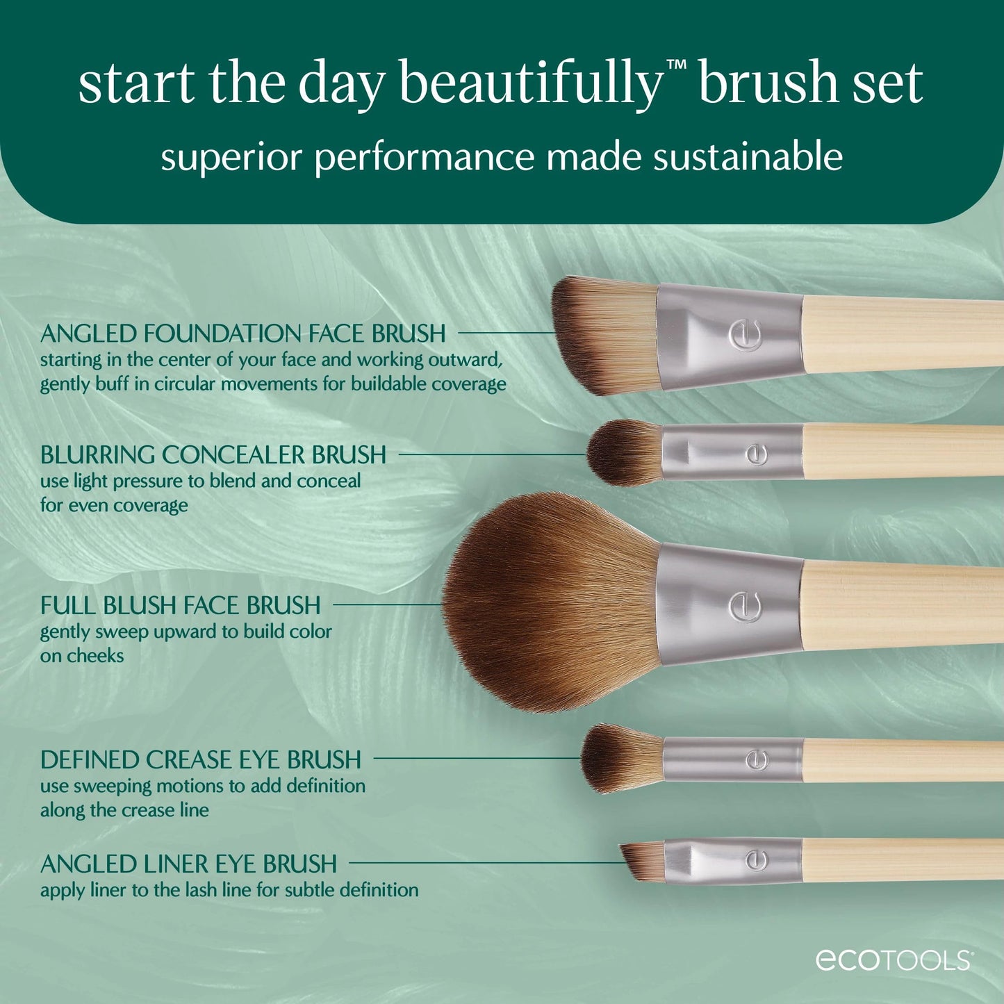 EcoTools Makeup Brush Set for Eyeshadow, Foundation, Blush, and Concealer with Bonus Storage Case, Start the Day Beautifully, Travel Friendly, 6 Piece