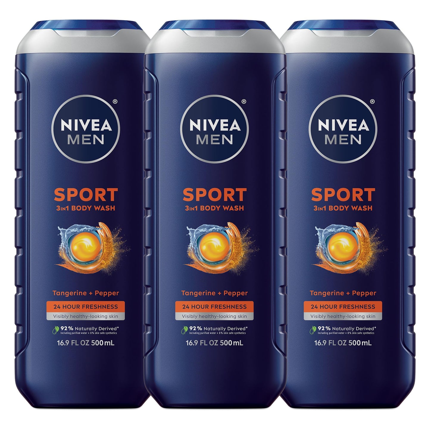 NIVEA MEN Sport Body Wash with Revitalizing Minerals, Tangerine and Pepper Scent, 3-in-1 Men's Body Wash, Face and Hair, Paraben Free, Vegan Formula