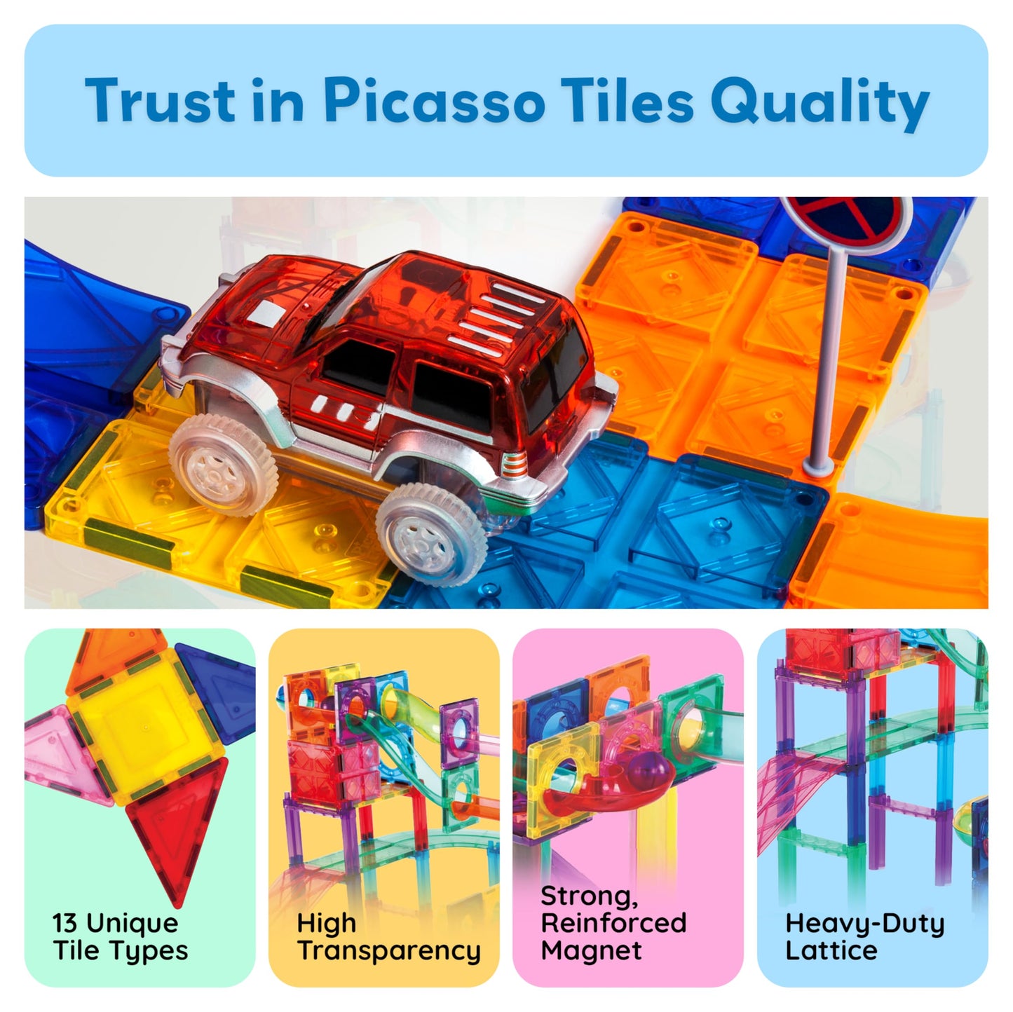 PicassoTiles 108pc 3-in-1 Marble Run & Car Track – Magnetic Tiles Building Blocks STEM Educational Construction Toy Set PTG108