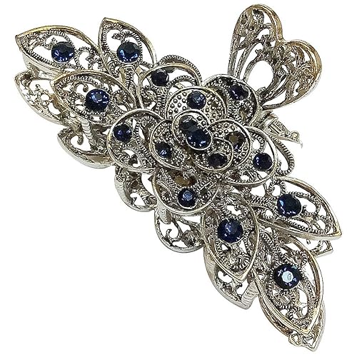 Women Fashion Retro Metal Alloy Rhinestone Large Size Fancy Hair Claw Jaw Clips Pins for Thick Hair (Ink-Blue Colour 1)