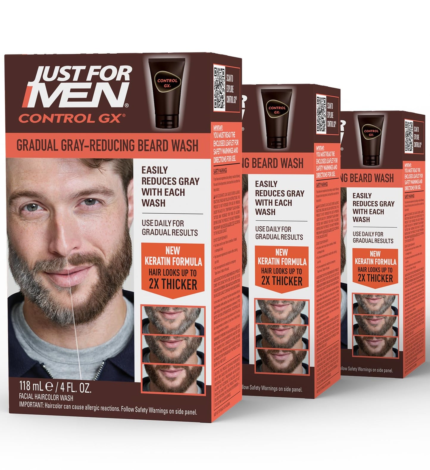 Just for Men Control GX Grey Reducing Beard Wash Shampoo with Keratin, Gradually Colors Mustache and Beard, Leaves Facial Hair Thicker Softer