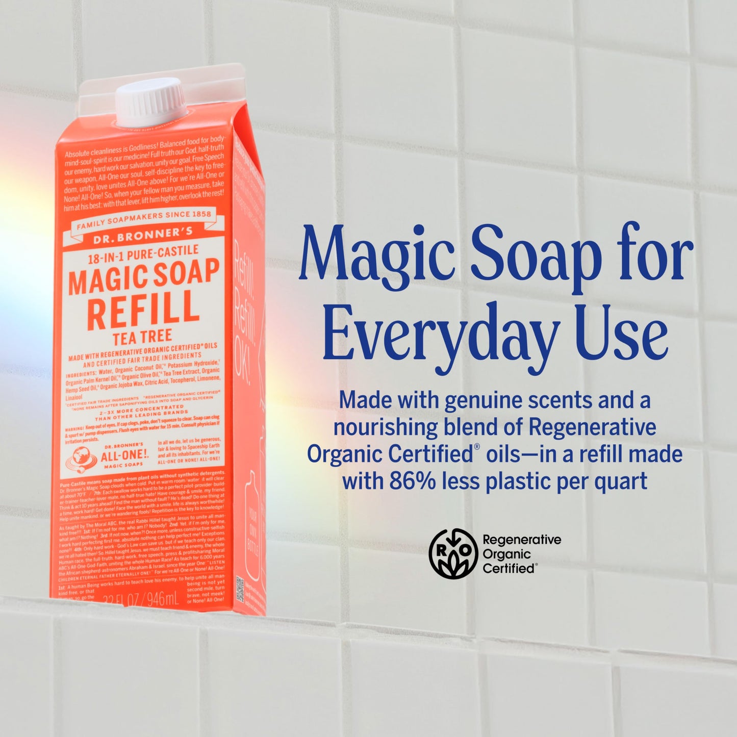 Dr. Bronner's Magic Soap-Pure-Castile Liquid Soap Refill (Tea Tree, 32 ounce, 1-Pack)-Regenerative Organic Certified Oils, For Body, Hair, Laundry