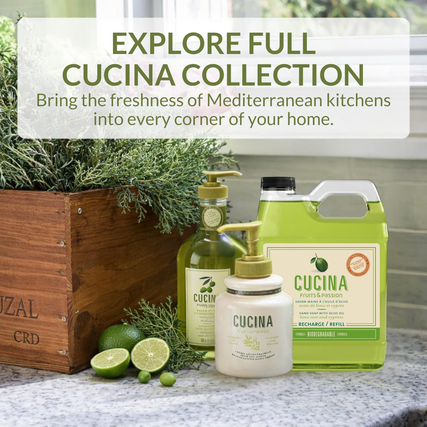 Cucina Fruits & Passion Hand Soap Refill, Lime Zest & Cypress, 1 L (33.8 fl oz), Liquid Hand Soap with Moisturizing Olive Oil, Biodegradable, Vegan