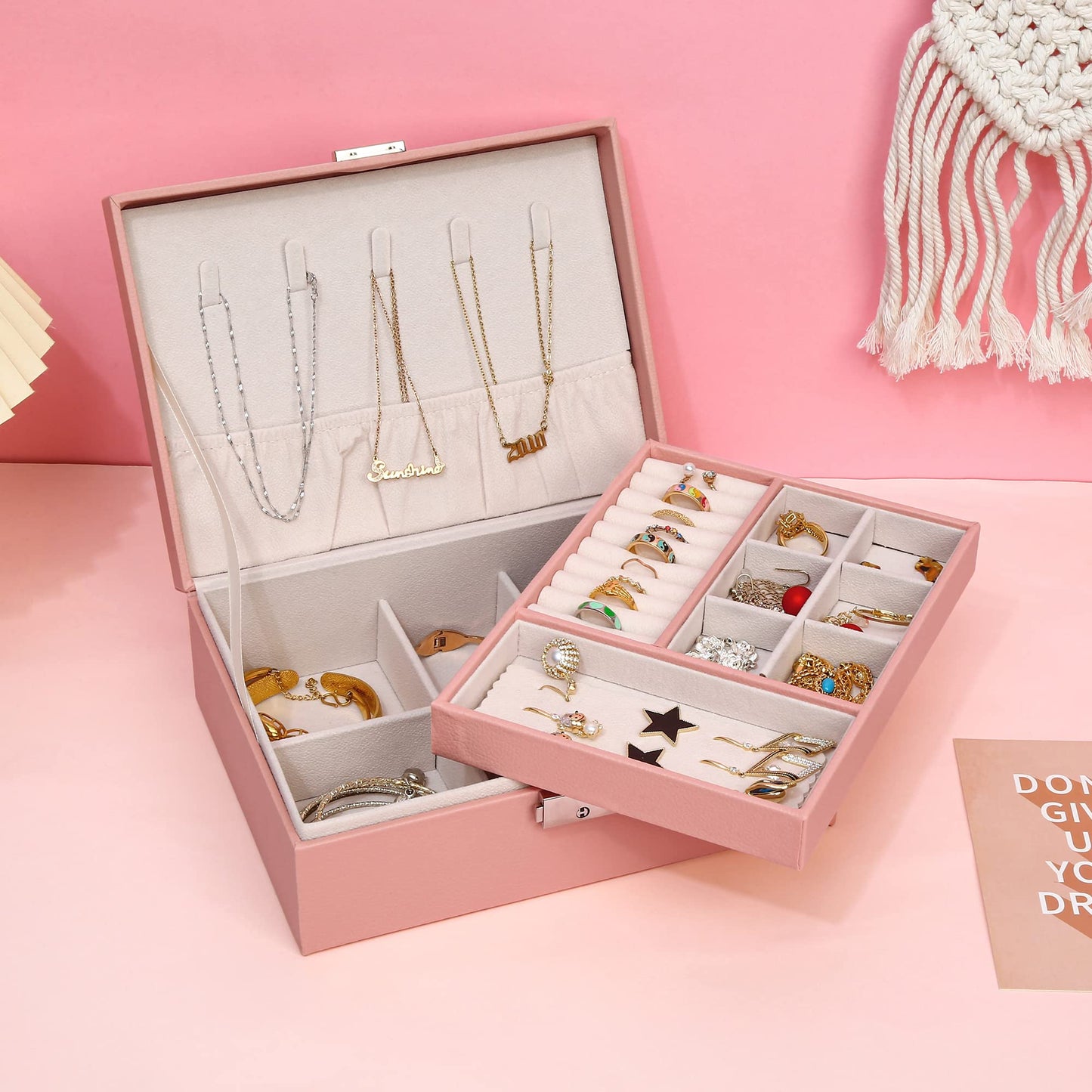 ZUZOOQ Jewelry Organizer Box for Women Girls, 2 Layers Large Storage Case, PU Leather Display Holder for Earrings Rings Necklace Bracelets, Children…