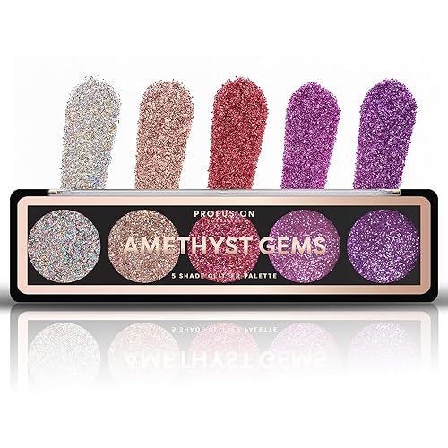 Profusion Cosmetics Amethyst Gems 5 Shades Glitter Eyeshadow Palette - Multi-Color Sparkle with Built-In Primer, Richly Pigmented & Blendable, Vegan…
