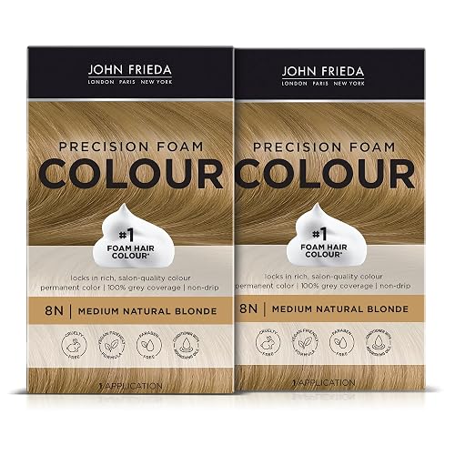 John Frieda Precision Foam Colour, Medium Natural Blonde 8N, Full-coverage Hair Color Kit, Anti-Fade Gray Coverage, Deep Color Saturation Hair Dye