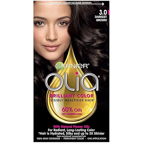 Garnier Olia Ammonia Free Permanent Hair Color, 100% Gray Coverage (Packaging May Vary), 3.0 Darkest Brown Hair Dye, Pack of 1