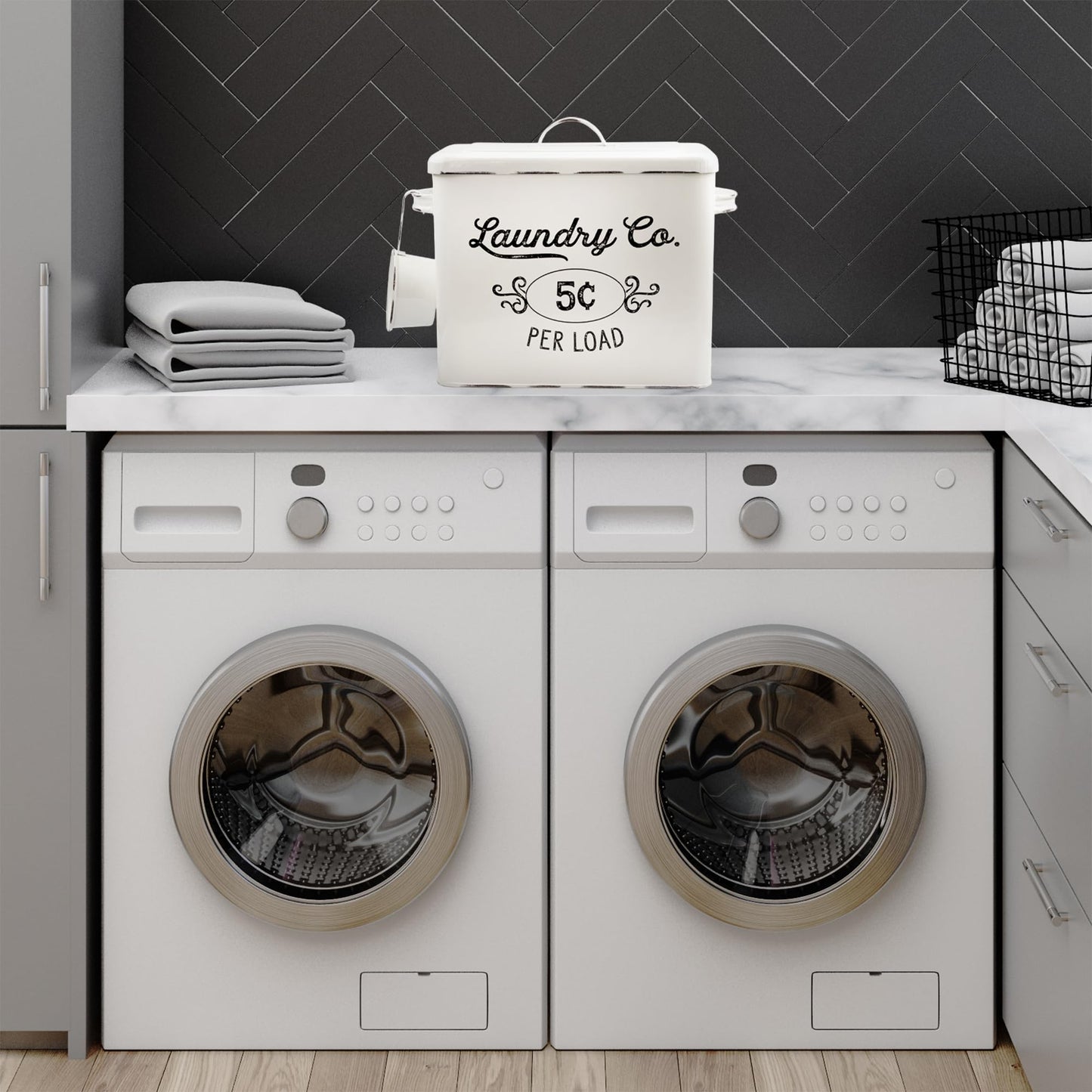 AuldHome Design Farmhouse Laundry Powder Container, White Enamelware Detergent Bin w/ Scoop