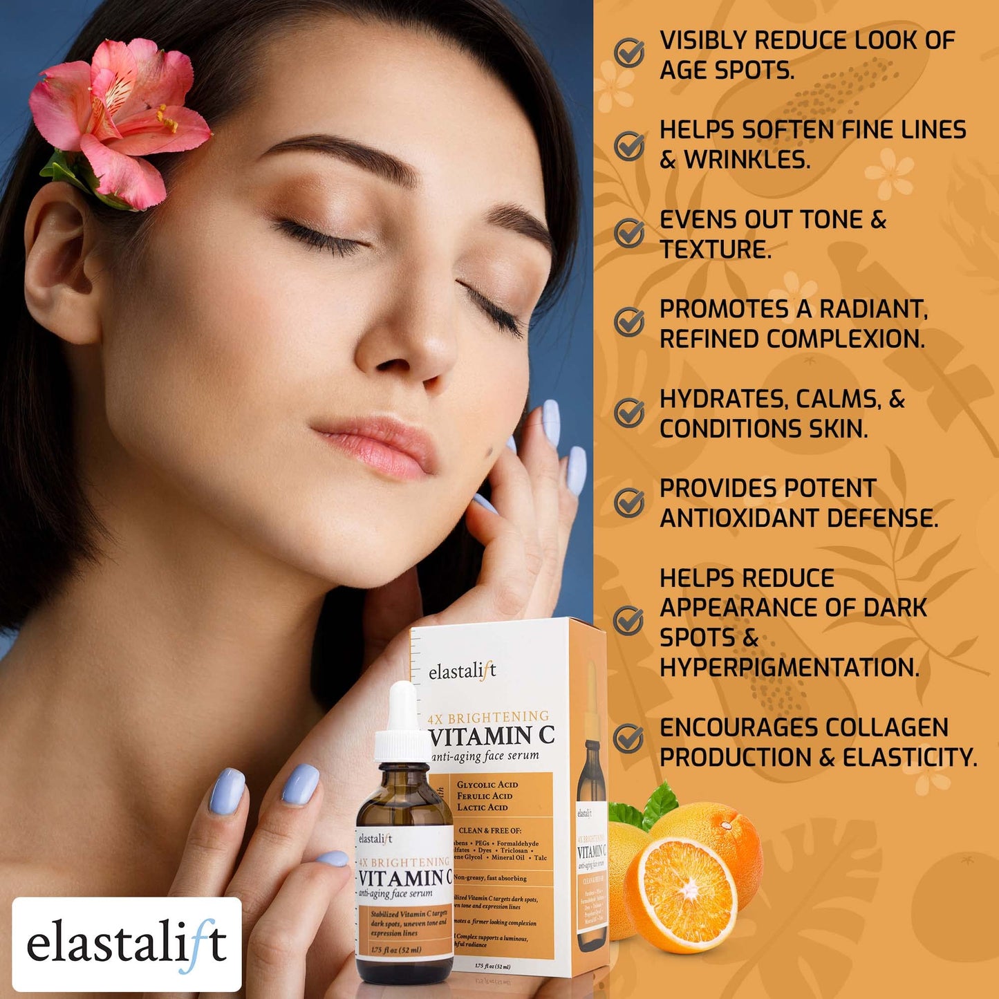 Elastalift Vitamin C Facial Serum For Age Spots, Wrinkles, & Expression Lines. Anti-Aging Face Serum W/Vitamin C & Hyaluronic Acid Brightens Skin