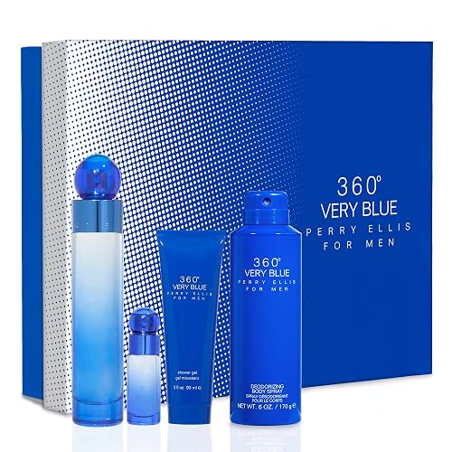 Perry Ellis 360° Very Blue Gift Set - 3.4 fl oz Eau de Toilette, 3 oz Shower Gel, 6 oz Body Spray, .25 fl oz EDT Mini Travel Spray - fresh, aquatic,