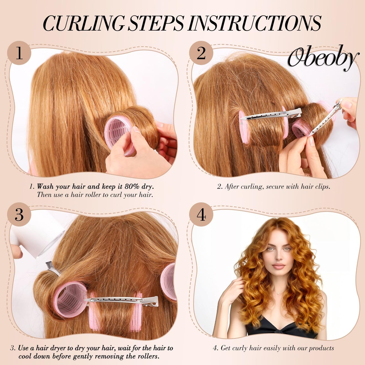 Obeoby 4 Sizes Hair Rollers for Women, Hair Curlers with Clips Comb Curlers for Long Short Curly Hair and Bangs (25, 36, 48, 60mm), Pink Mothers Day Beauty and Personal Care obeoby