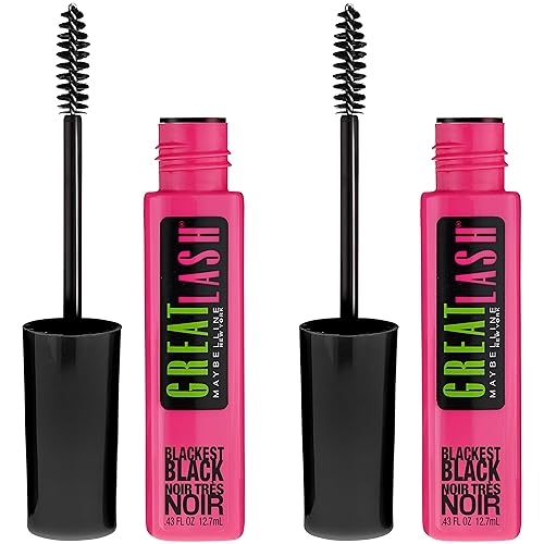 Maybelline Great Lash Washable Mascara Makeup, Volumizing Lash-Doubling Formula That Conditions As It Thickens, Blackest Black, 2 Count