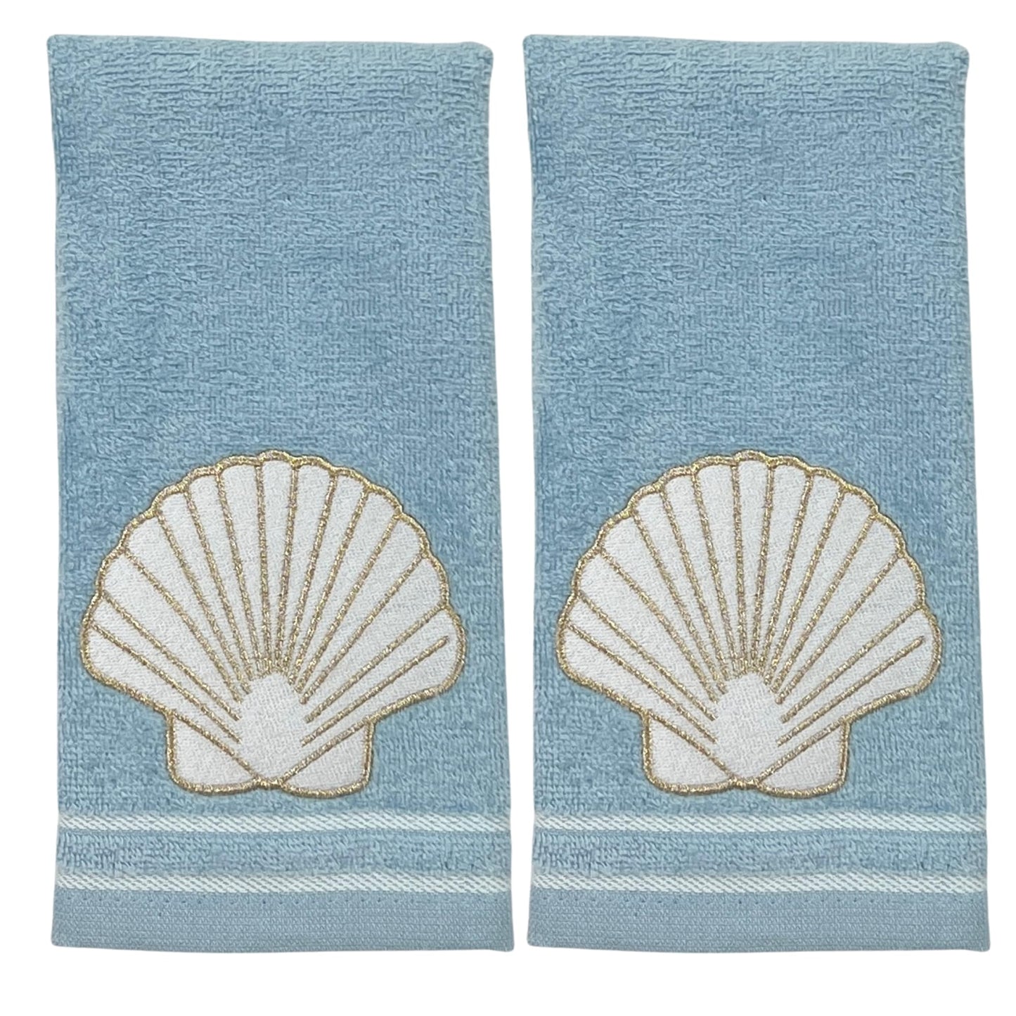 Coastal Bathroom Fingertip Towels - Set of 2 Light Blue 100% Cotton Embroidered Seashell with Gold Outline Design - 18 x 12” Decorative Bath…