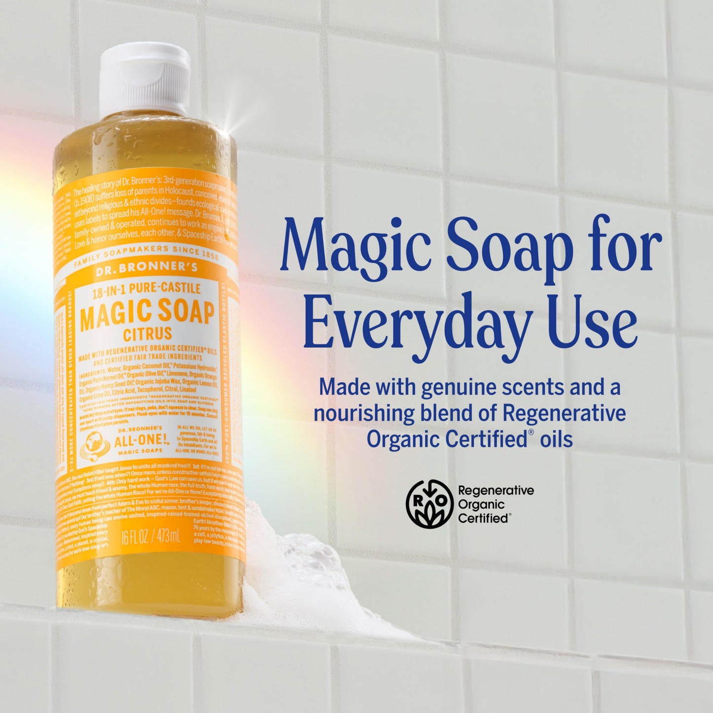 Dr. Bronner's Pure-Castile Magic Soap Liquid (Citrus, 8 Ounce) - Made with Regenerative Organic Certified Oils, 18-in-1 Uses: Face, Body, Hair