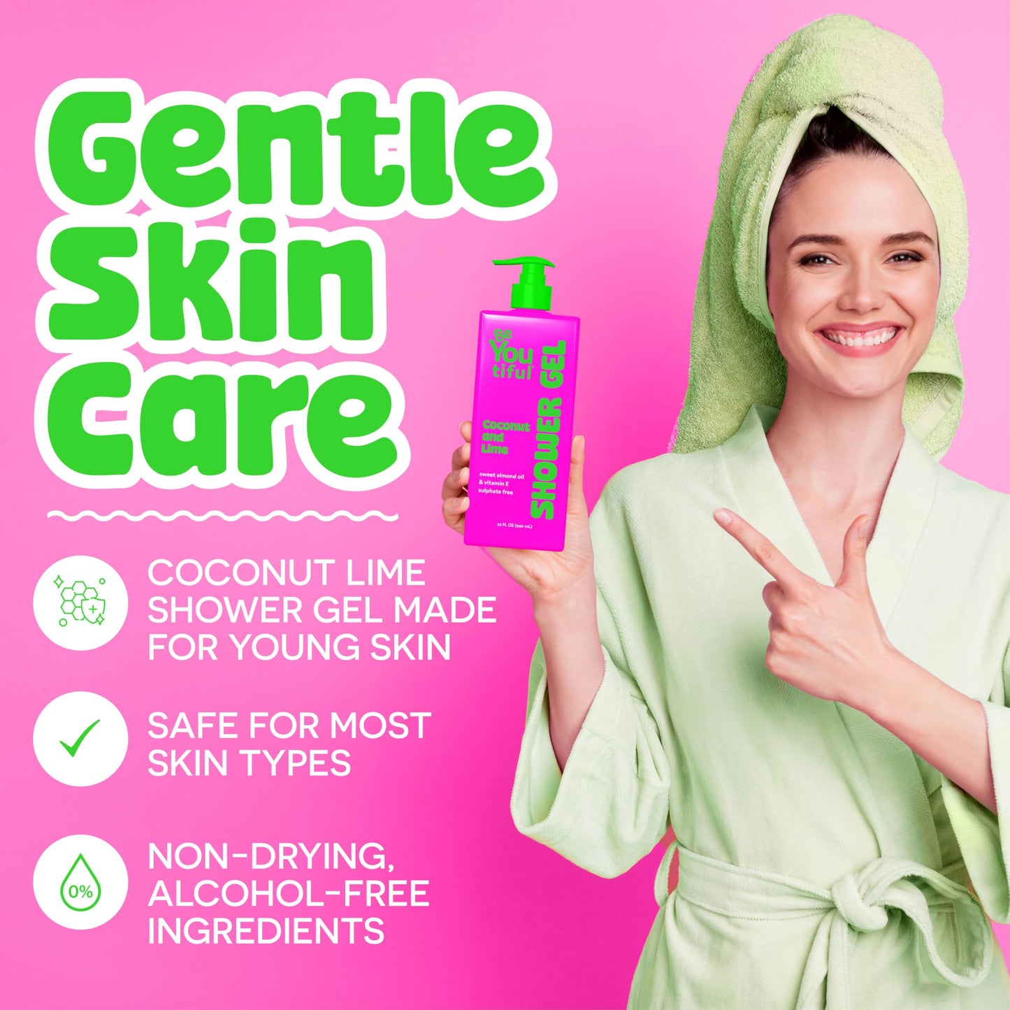 BeYoutiful Coconut Lime Body Wash Soap for Teens and KIds, Moisturizing Natural Ingredients for Sensitive Skin, Hydrating Shower Gel, Cruelty Free