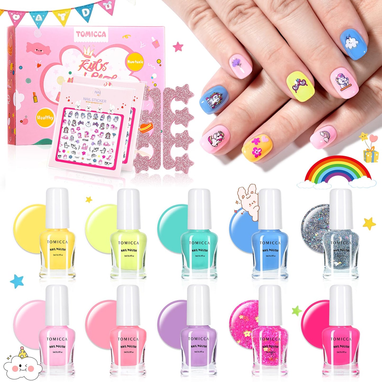 TOMICCA Nail Polish Sets for Kid,12 Bottles Candy Rainbow Colors, Quick Dry Non Toxic Water Based Peel Off with Nail Separator Sticker Kit, Long Beauty and Personal Care TOMICCA Default Title