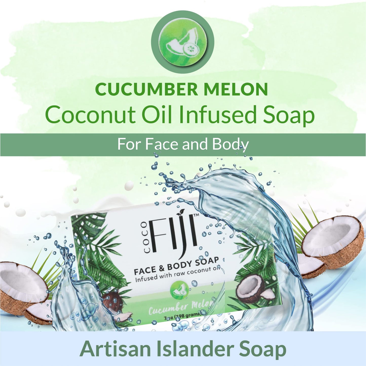 "Coco Fiji Soap Bar for Face and Body Infused With Organic Coconut Oil, Cucumber Melon, Essential Oil, Natural Soap for Moisturizing & Pore Purifying Beauty & Personal Care Organic Fiji