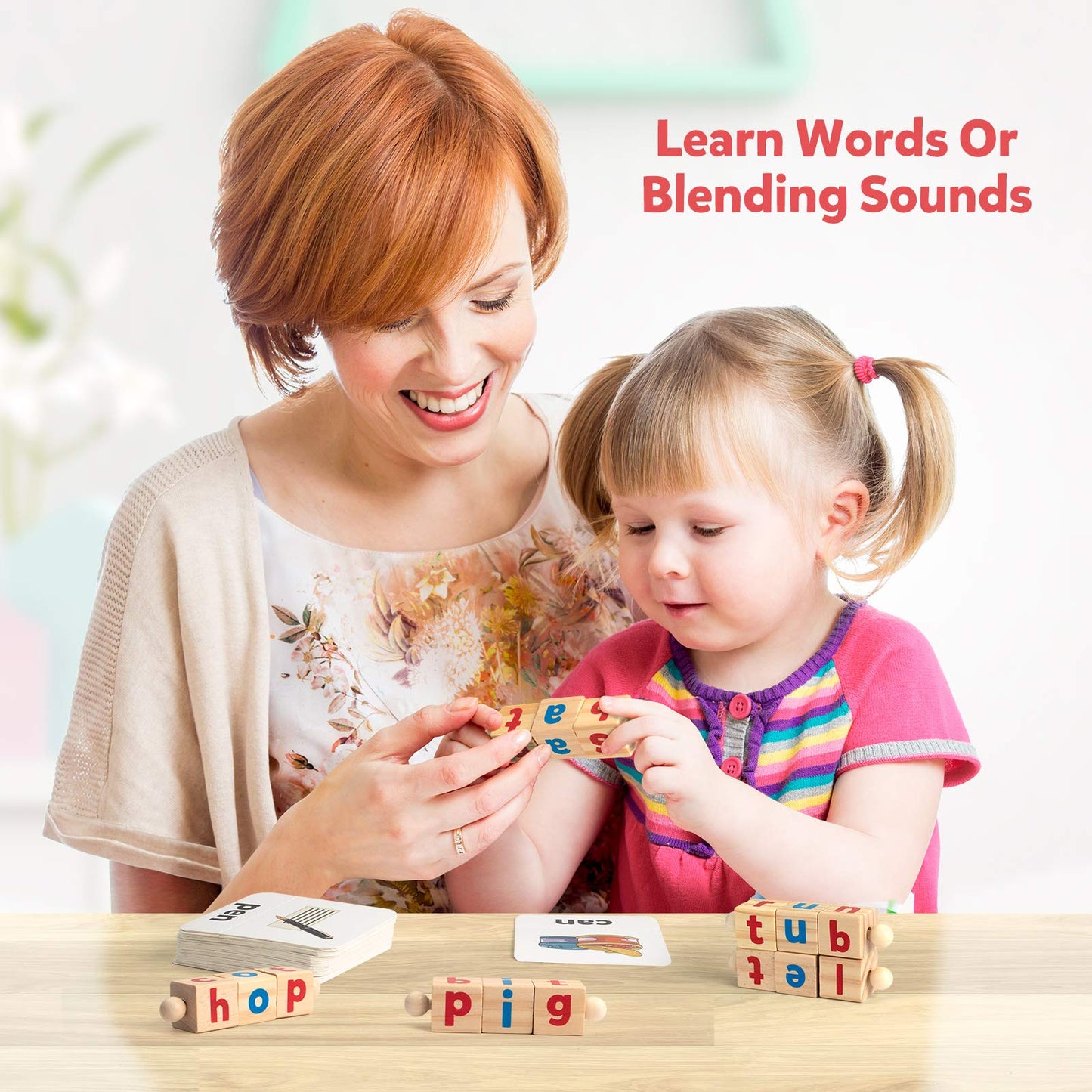 Coogam Wooden Reading Blocks – Short Vowel Rods Spelling Game with Rotating Letter Puzzle & Flash Cards, Montessori Learning Toy for Preschool Kids