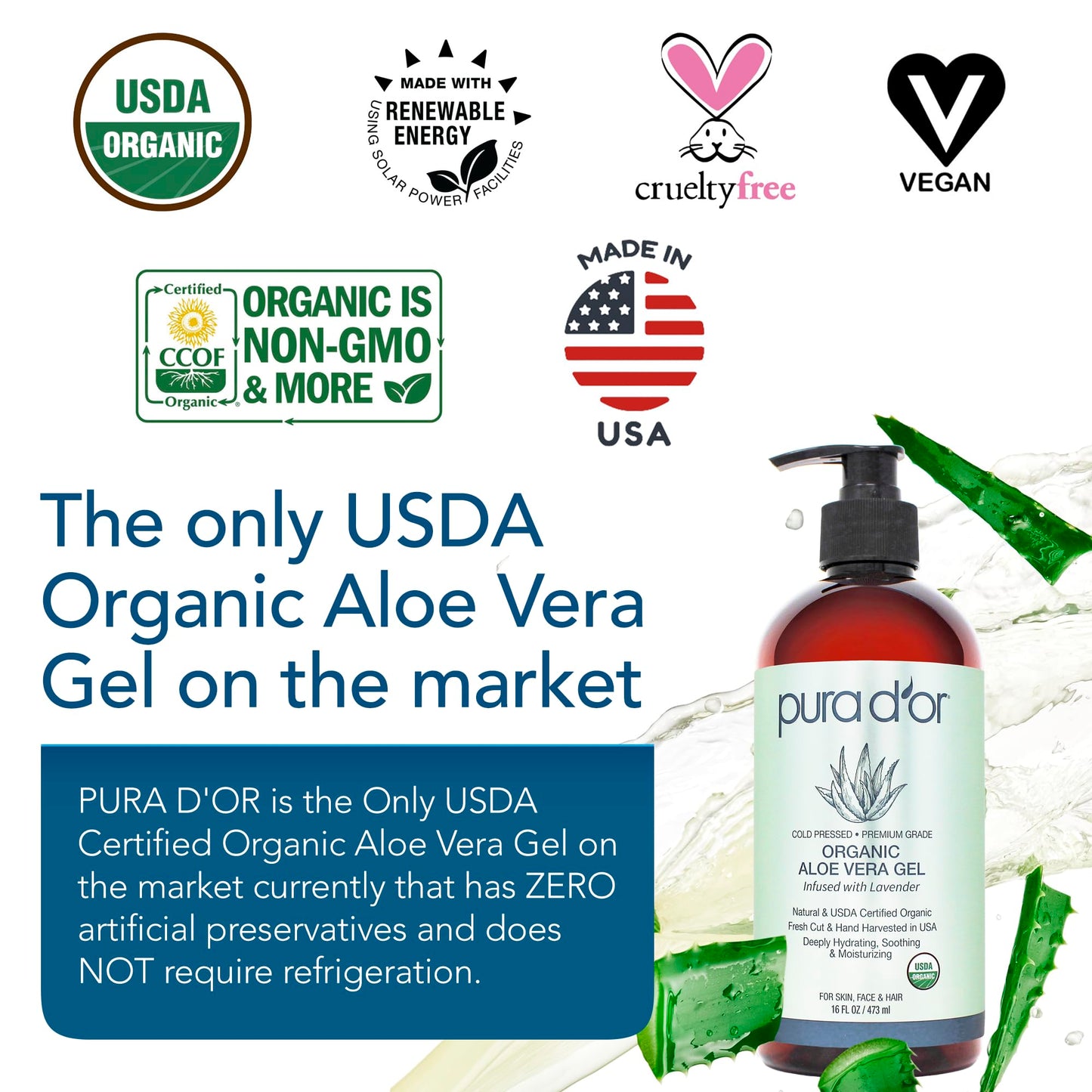 PURA D'OR 16 Oz ORGANIC Aloe Vera Gel - Lavender - All Natural - ZERO Artificial Preservatives - Deeply Hydrating & Moisturizing - Sunburn, Bug Bites