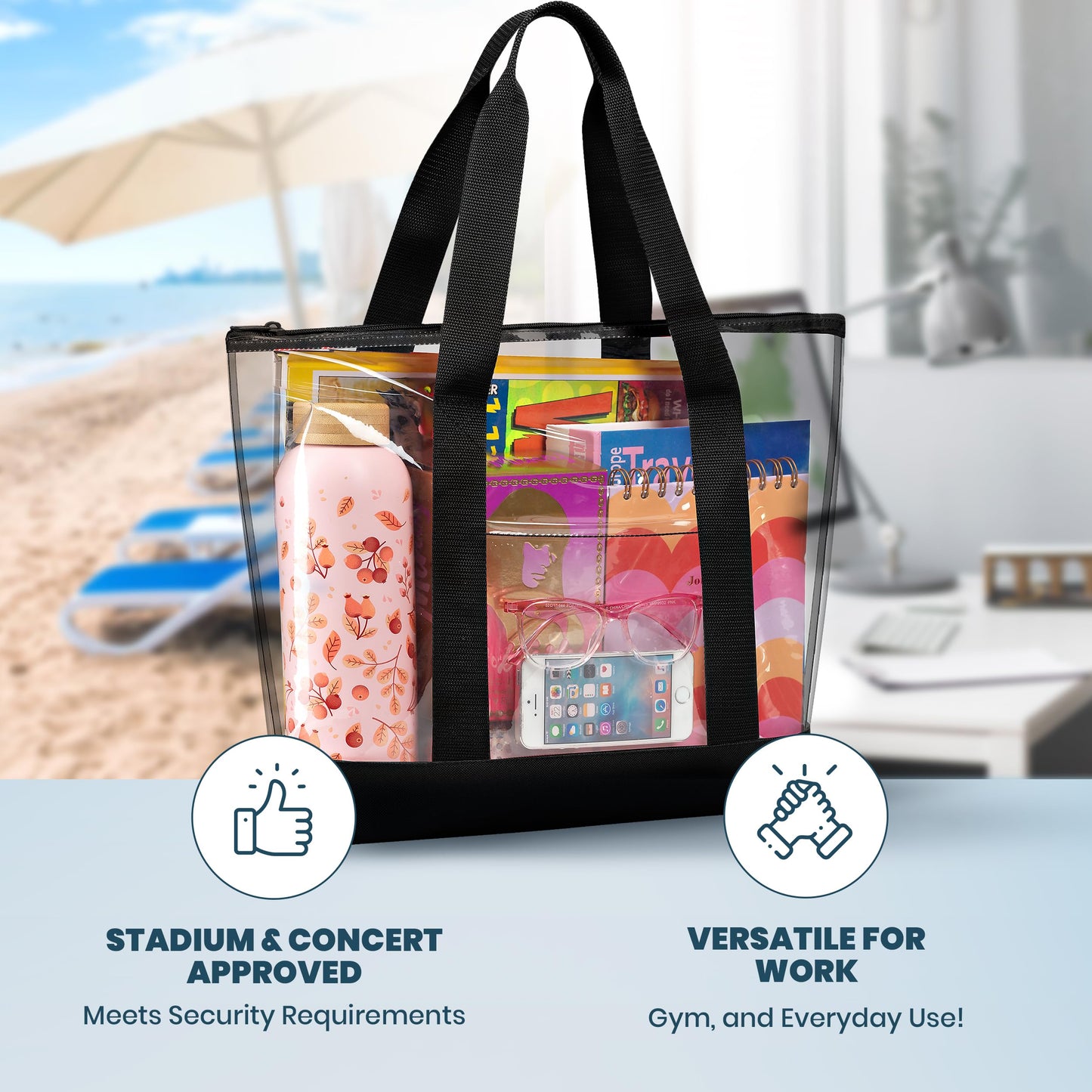 Handy Laundry Clear Tote Bag - Zipper Closure, Long Shoulder Strap, Fabric Trimming. (Black)