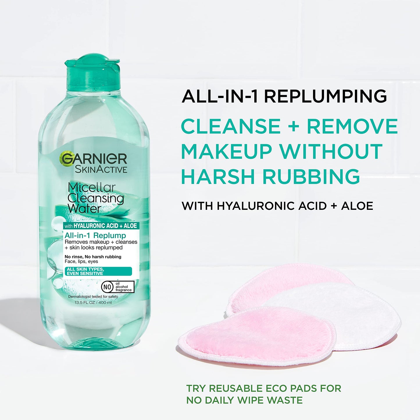 Garnier Micellar Water with Hyaluronic Acid, Facial Cleanser & Makeup Remover, Hydrating and Plumping, For All Skin Types, Vegan, Cruelty Free, 13.5