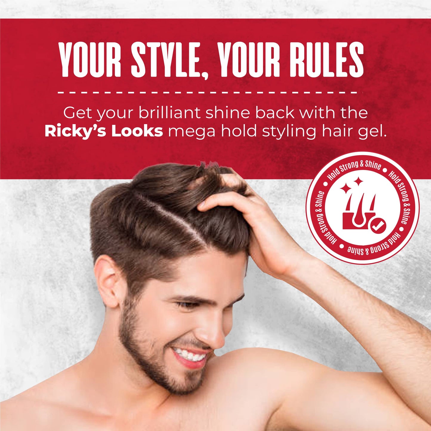 Ricky's Looks Mega Hold Styling Hair Gel for Curly, Frizzy, Straight, Wavy & Fine Hair - Flake Free, Strong Hold and Shine - For All Hair Types - Men