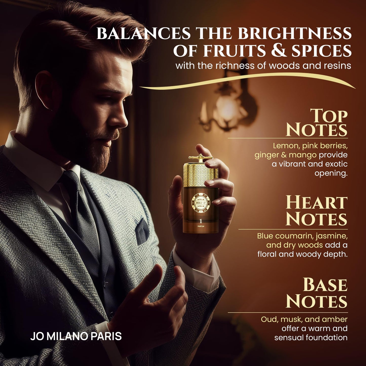 Jo Milano Roll It 1 Parfum Spray | 3.4 oz (100ml) | Oud, Musk, Amber, Lemon Scent | Long Lasting Fragrance for Men and Women (Unisex)