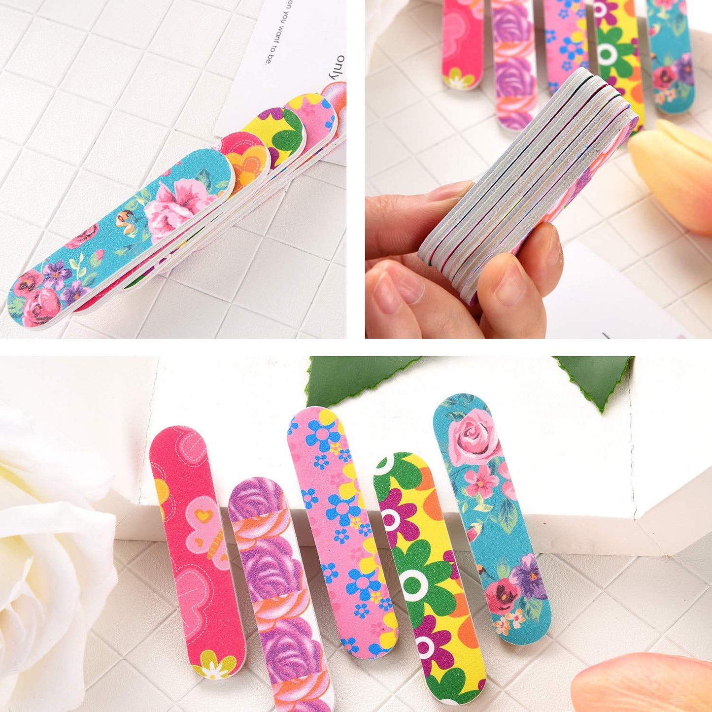 100 Pcs Colorful Nail Files Double Sided Emery Boards Manicure File and Buffers Floral Nail Tools for Women 2.56 x 0.59 Inch, 5 Colors Beauty & Personal Care Honoson