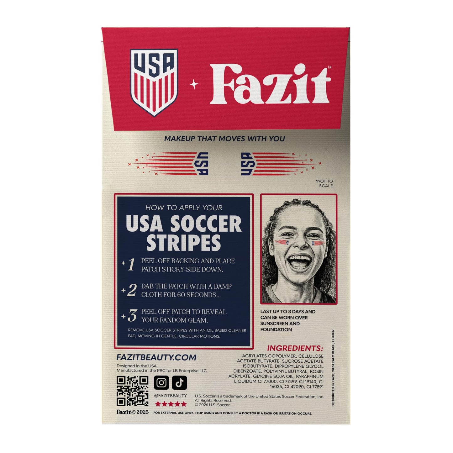 Fazit US Soccer Stripes - Red, Blue & Silver Glitter Makeup Patches - Waterproof & Sweat-proof Face Stickers - Long-Lasting Game Day Glam, USA Spirit