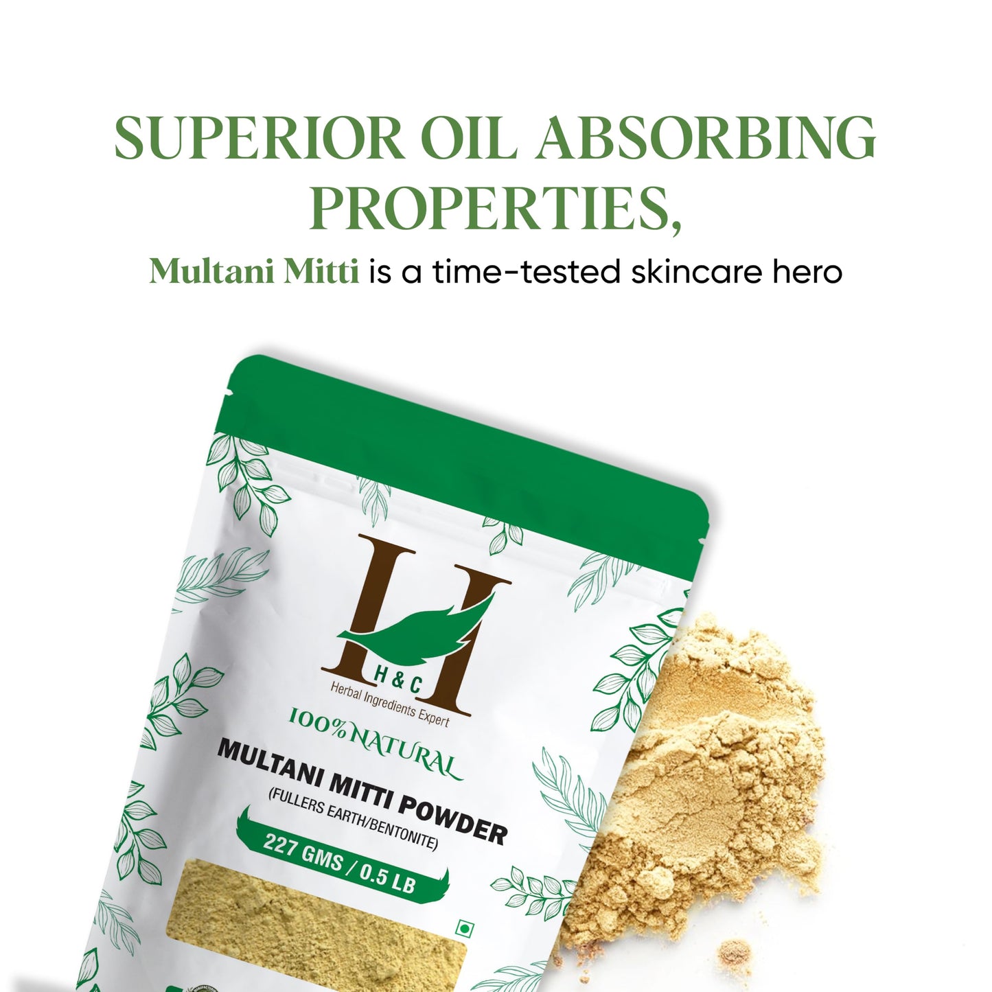 H&C Herbal Ingredients Expert 100% Pure Fuller's Earth Clay (Multani Mitti) - 1/2 lb / 227 gm | Exfoliates & Cleanse the Skin | Helps Removing Dead