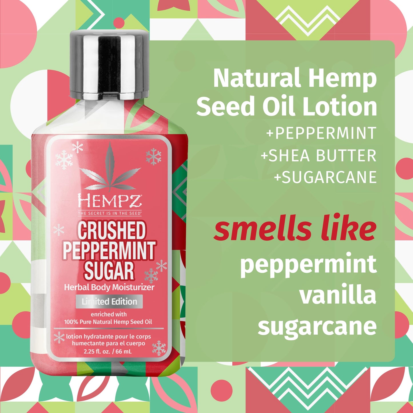 Hempz Mini Crushed Peppermint Sugar Herbal Body Lotion, Moisturizer for men and women, Holiday Gifts, 2.25 oz