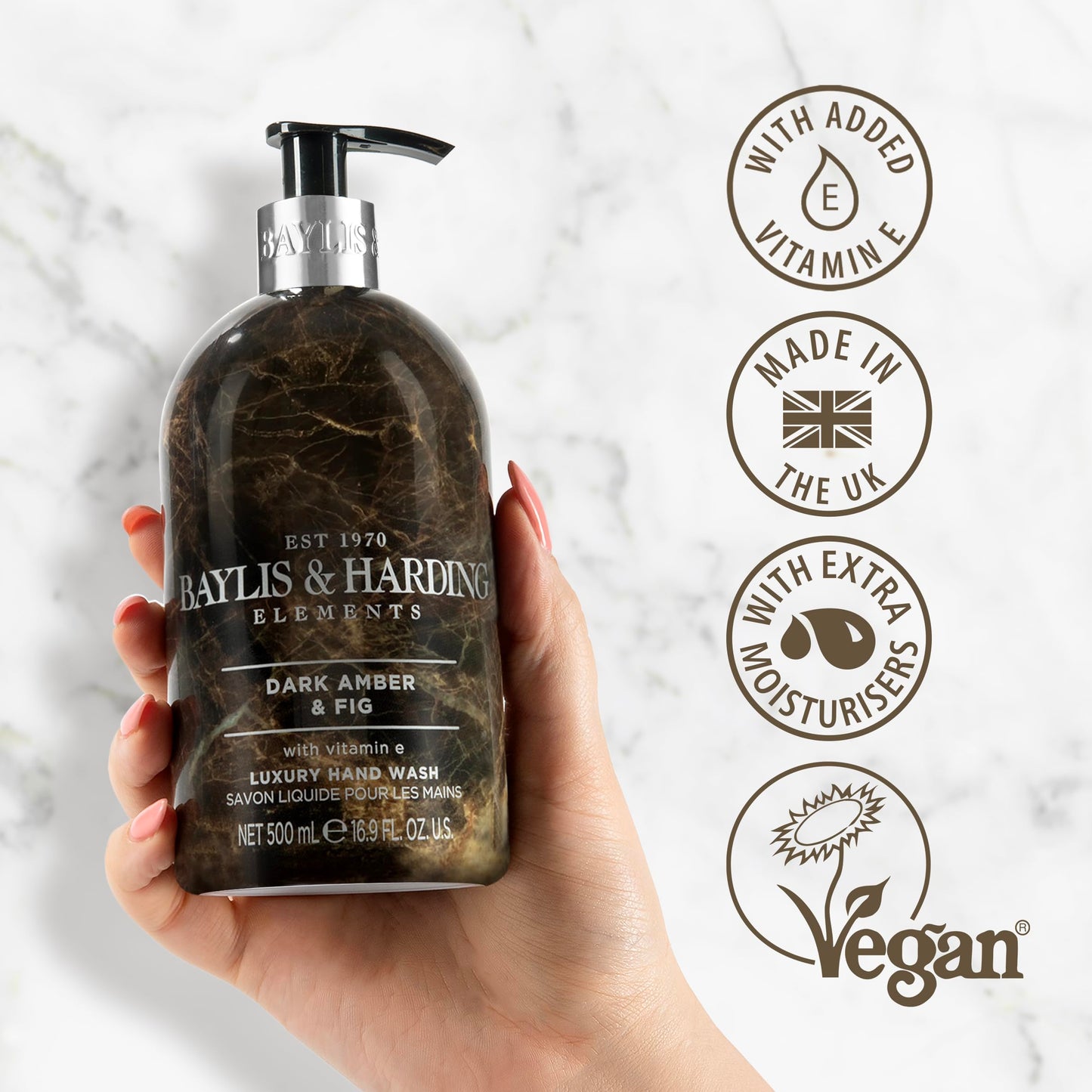 Baylis & Harding Liquid Hand Soap Wash with Dispenser, Elements, Dark Amber & Fig, 16.9oz/500ml
