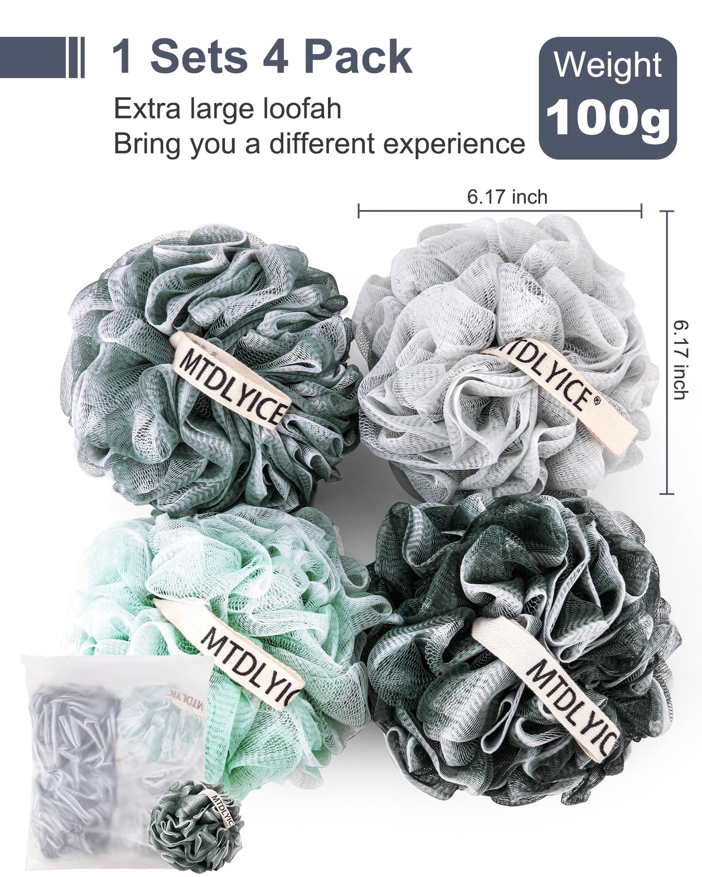MTDLYICE Loofah Sponge, XXL Large Loofah 100g 4 Pack, Bath Sponge Soft Mesh Shower Loofah for Men, Body Scrub, Shower Pouf Bath Accessories, for Body Beauty and Personal Care MTDLYICE