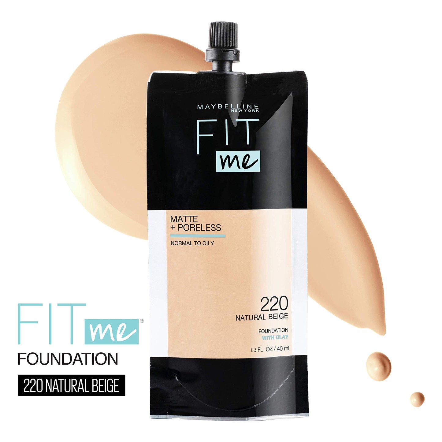 Maybelline New York Fit Me Matte + Poreless Liquid Foundation, Pouch Format, 220 Natural Beige, 1.3 Ounce
