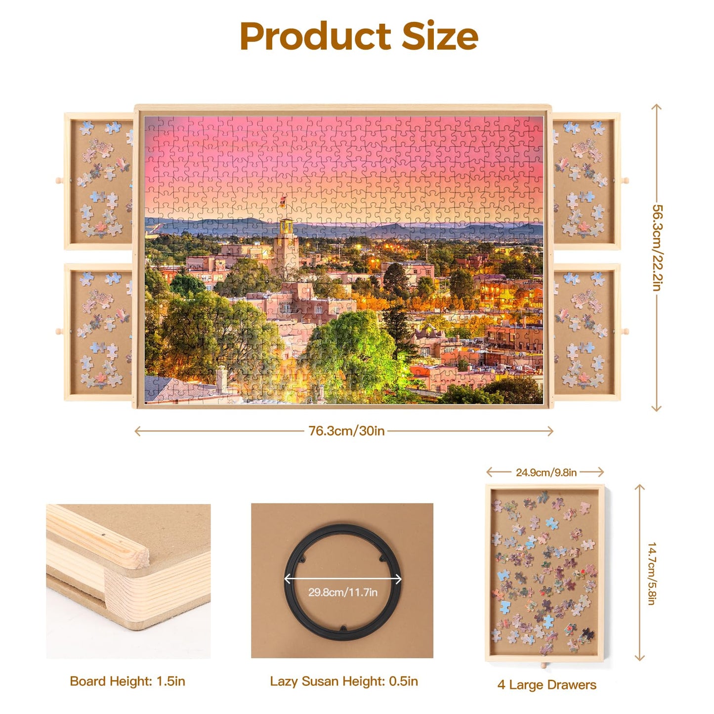 Panana Puzzle Locker 1000 Piece Rotating Board – 30"x22" Wooden Puzzle Table with 4 Drawers & Cover, Portable Lazy Susan Jigsaw Gift