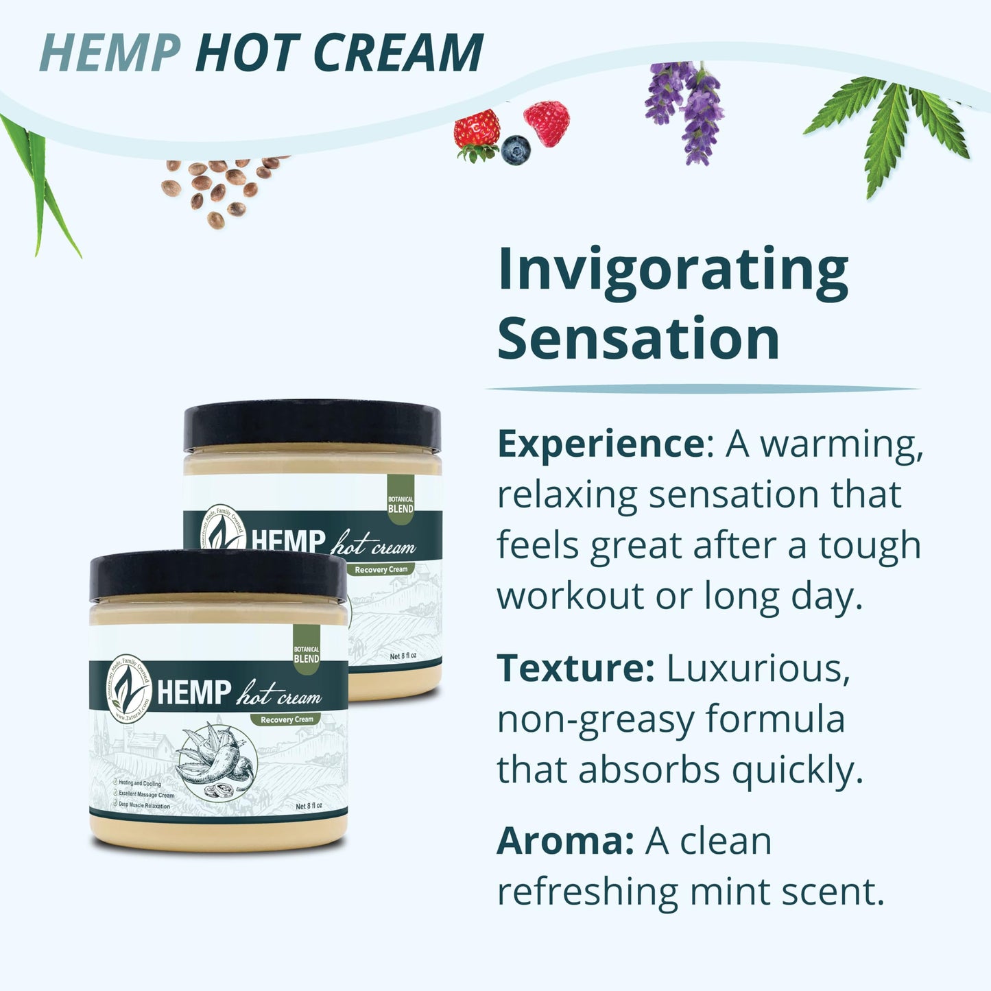 Zatural Hemp Hot Cream Massage Joints and Muscles and Body Wraps Essential Oil Blend, Aloe, Hemp, and More (8oz jar)