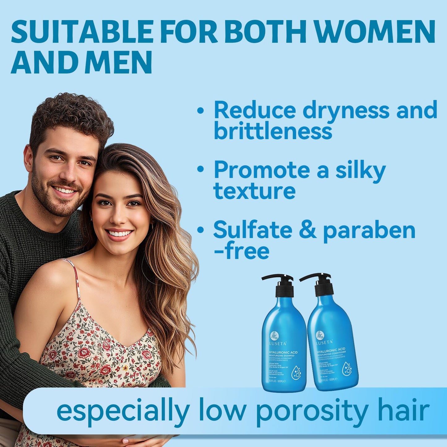 LUSETA Hyaluronic Acid Moisturizing Shampoo and Conditioner Set for Hair Frizz Control for Dry and Damaged Hair, with Argan Oil and Shea Butter