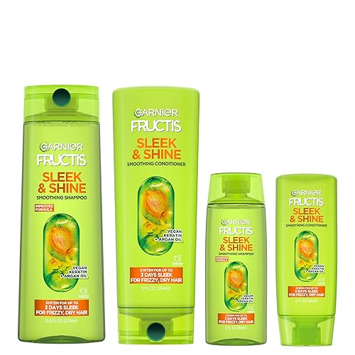 Garnier Fructis Sleek & Shine Full + Travel Size Shampoo (12.5 & 3 Fl Oz) + Conditioner (12 & 3 Fl Oz) Set for Frizzy, Dry Hair, Plant Keratin + Argan