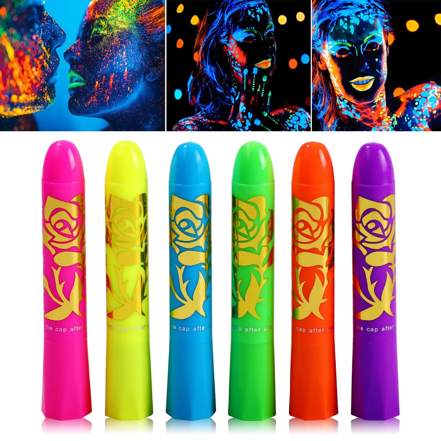 6 Pcs Glow in the Dark Face Body Paint,Blacklight Neon Face & Body Paints,Easily Cleanable Paint Set Neon Makeup Glow in the Dark Party Supplies A