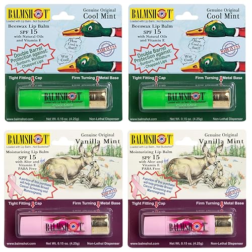 BALMSHOT Lip Balm 4-Pack - Minty Combo Variety Pack - (2) Cool Mint & (2) Vanilla Mint - SPF 15 Beeswax Chapstick Formula, 20-Gauge Brass Shotgun