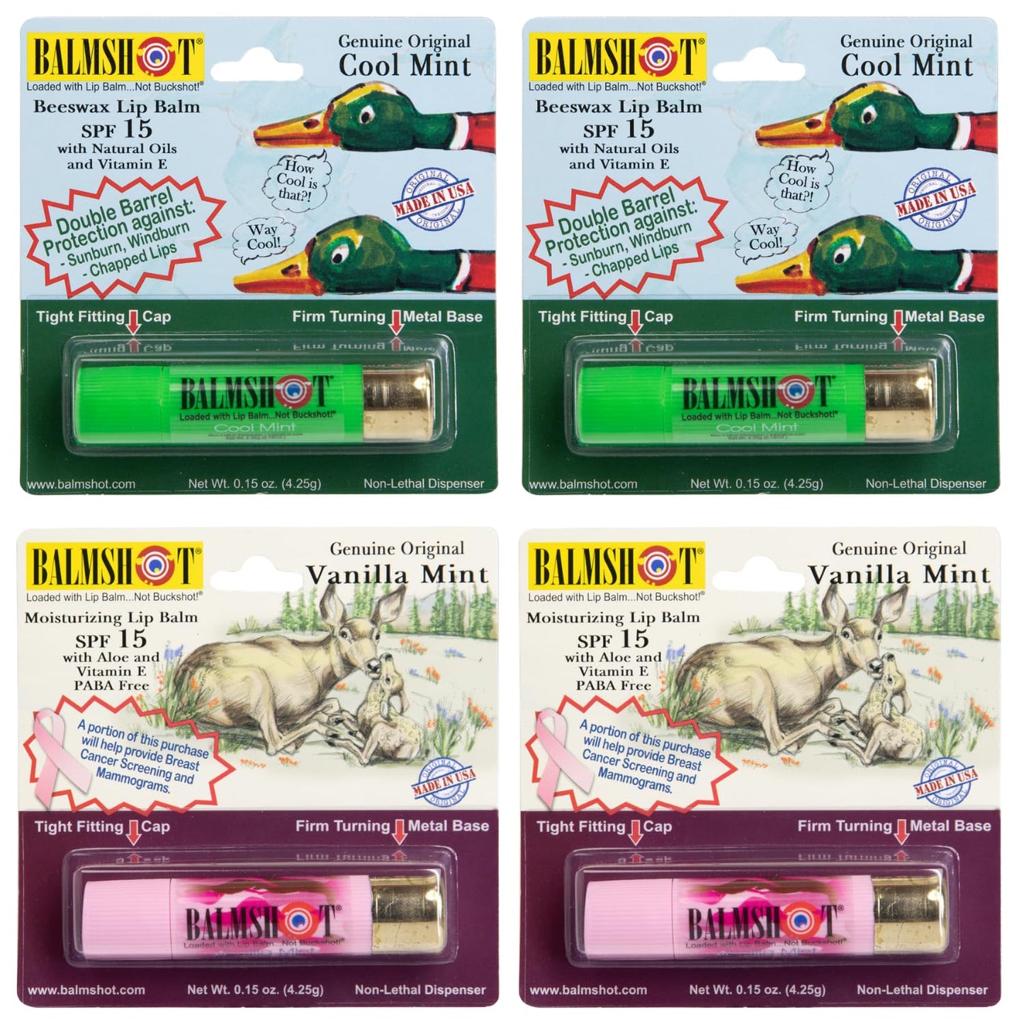 BALMSHOT Lip Balm 4-Pack - Minty Combo Variety Pack - (2) Cool Mint & (2) Vanilla Mint - SPF 15 Beeswax Chapstick Formula, 20-Gauge Brass Shotgun