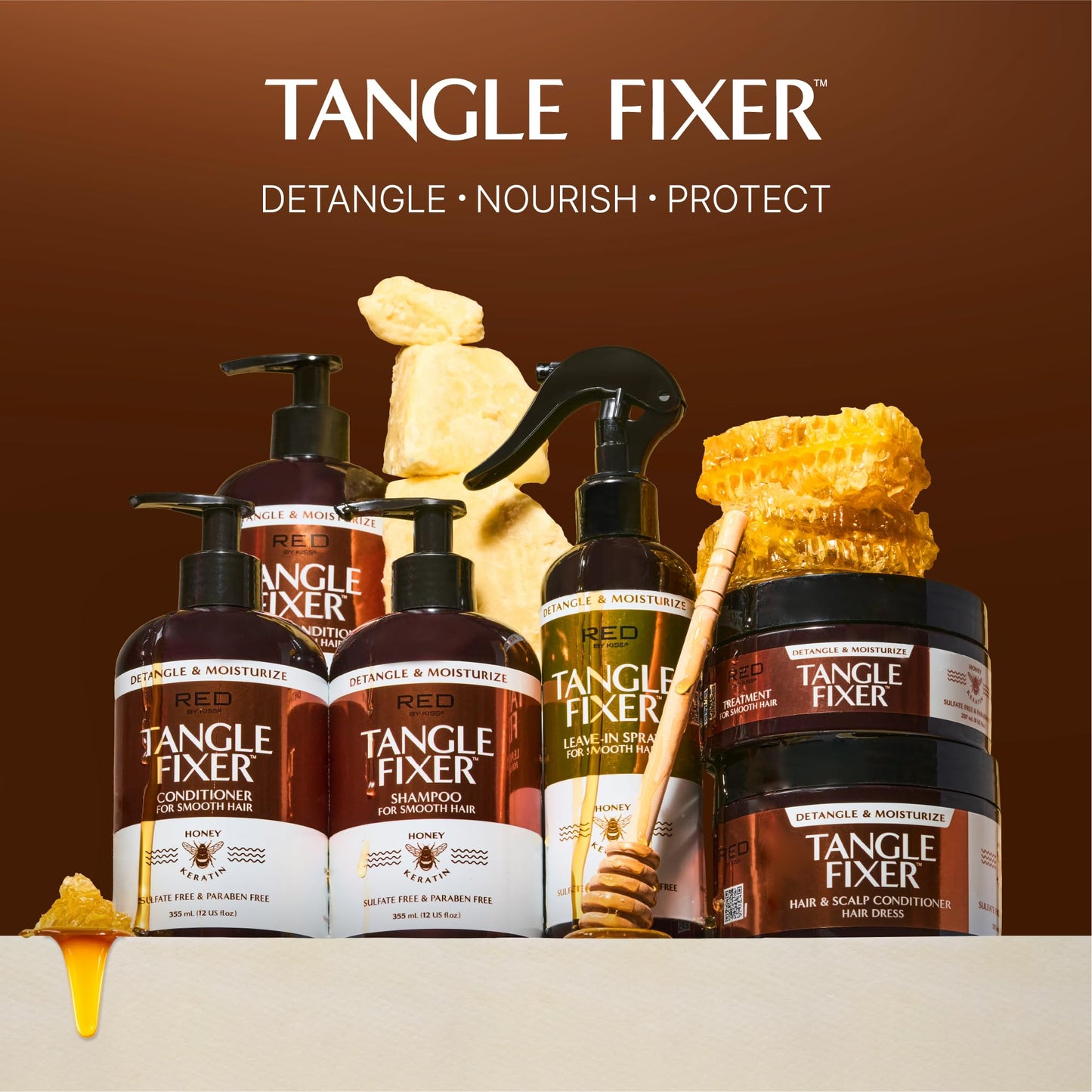Red by Kiss Tangle Fixer with Honey & Keratin, Sulfate-Free Intensive Detangling Treatment for Shine & Frizz Protection, Mango & Peach Scent