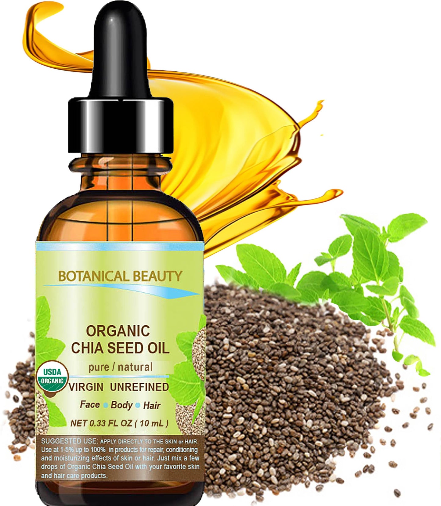 Botanical Beauty Organic CHIA SEED OIL 100% Pure Natural Virgin Unrefined Cold-Pressed Carrier Oil for Face, Skin, Body, Hair, Lip, Nails. Rich in