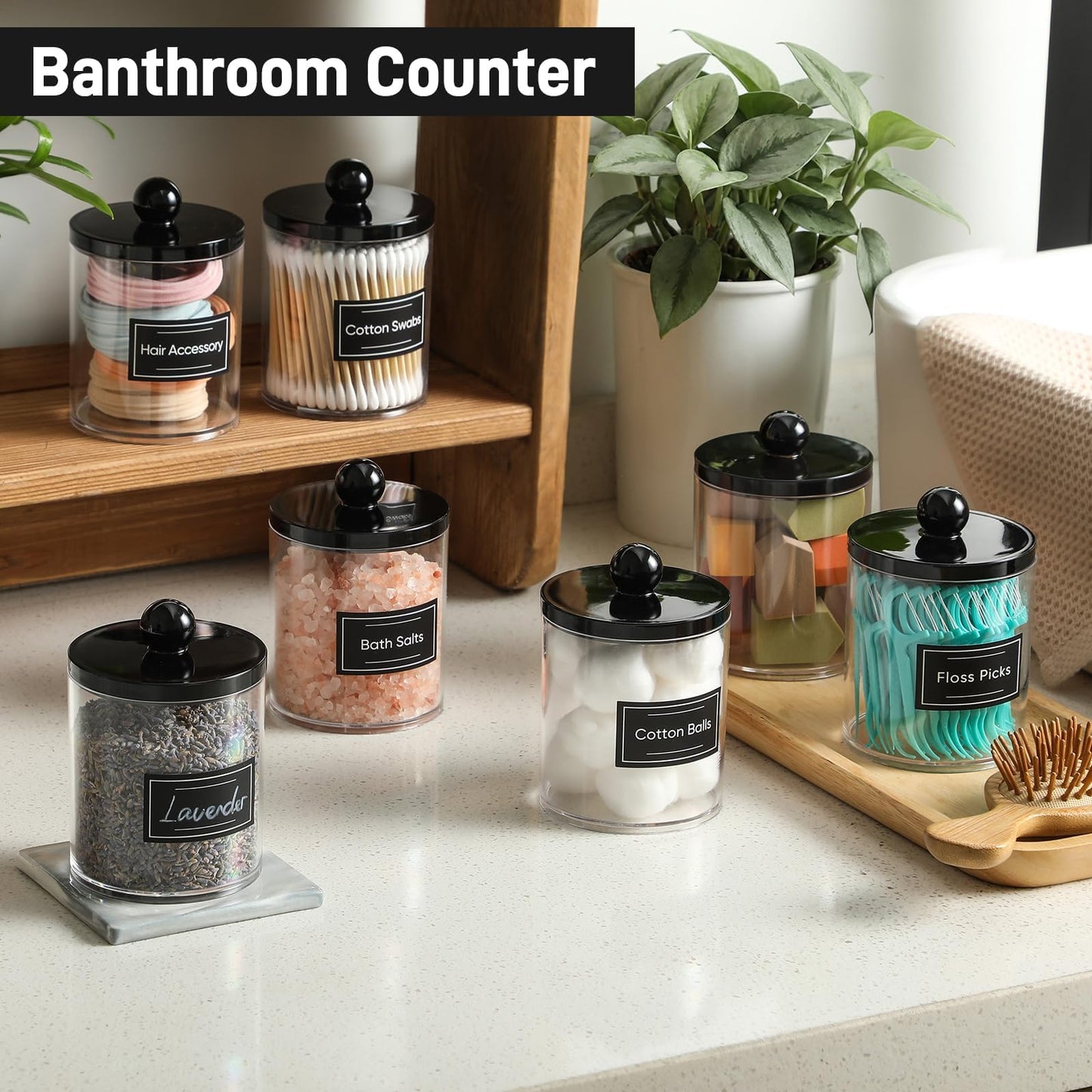 4 Pack Acrylic Qtip Holder Dispenser for Cotton Swabs, Balls, Pads, Floss - Plastic Canister Apothecary Jar Set, Bathroom Essentials Accessories Decor Beauty and Personal Care AOZITA