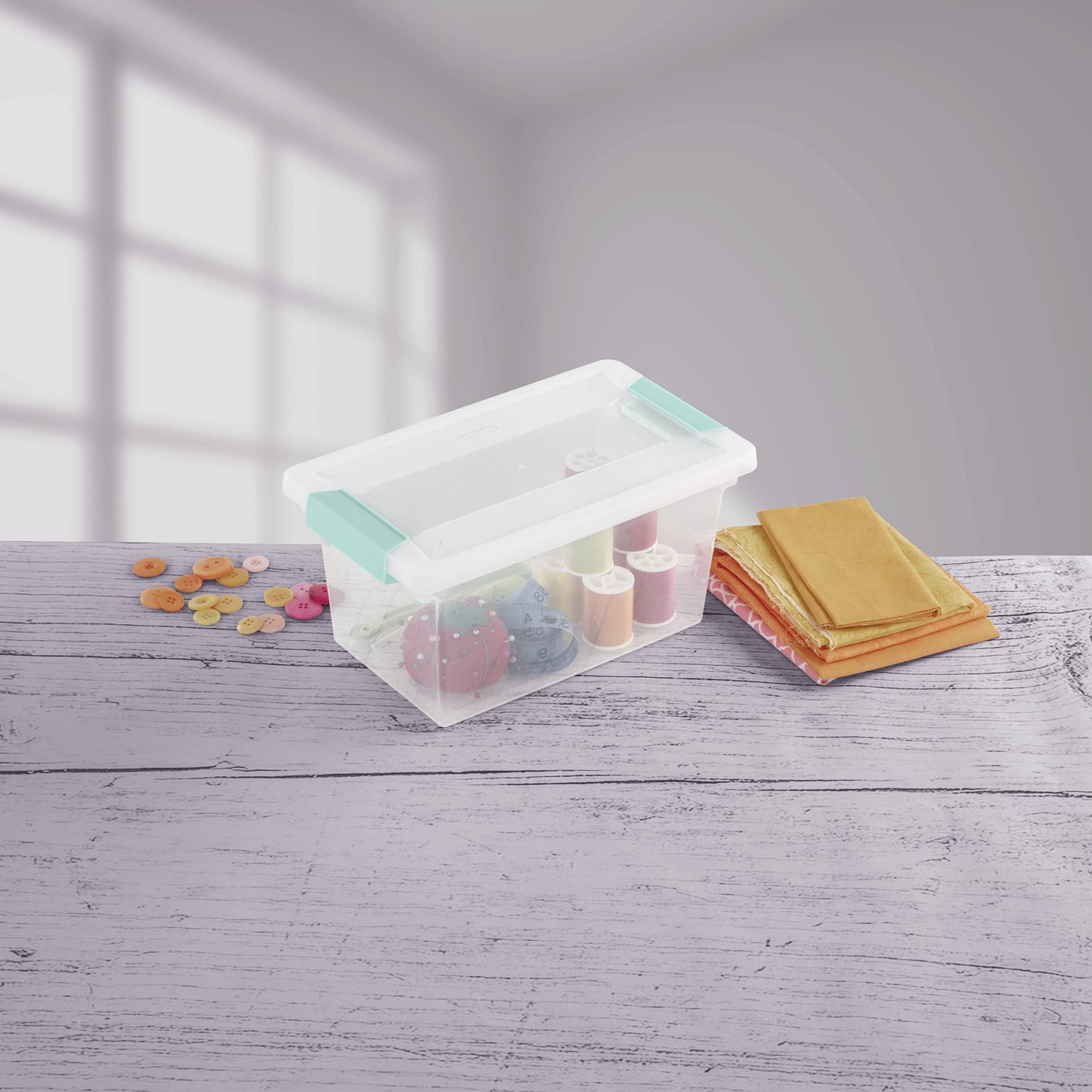 Sterilite Medium Clip Box, Stackable Small Storage Bin with Latching Lid, Plastic Container to Organize Office, Crafts, Clear Base and Lid, 4-Pack