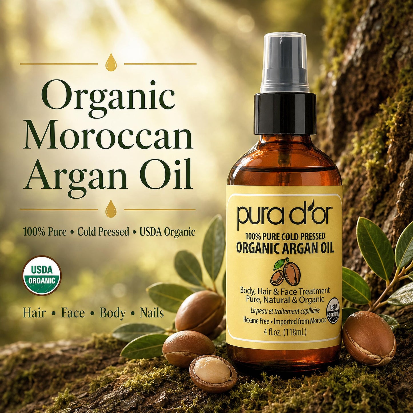 PURA D'OR USDA Organic Moroccan Argan Oil-100% Pure Cold-Pressed Virgin Grade-Treatment for Hair, Skin, Face, Body- Helps Dry Skin, Scalp Care, Split Beauty and Personal Care PURA D'OR